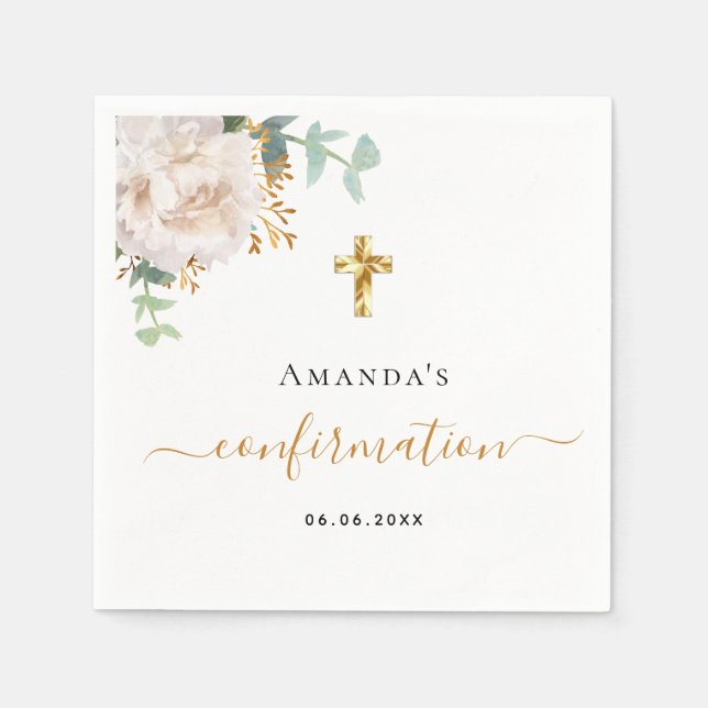 Serviette En Papier Confirmation eucalyptus blanc rose or (Devant)