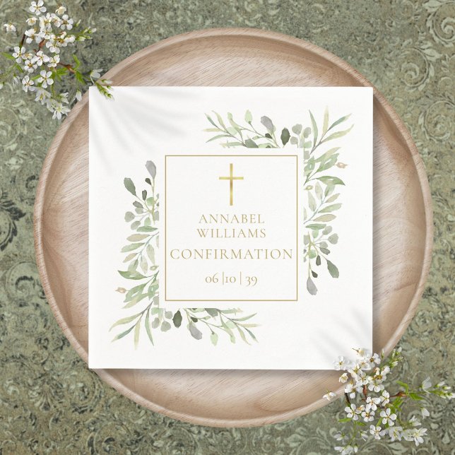 Serviette En Papier Confirmation Fleurie de Feuillage à l'Aquarelle et (Watercolor Greenery Floral Gold Confirmation Napkins)