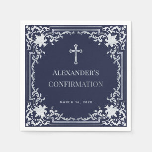 Serviette En Papier Confirmation Garçon Marine Blue Vintage Faux Argen