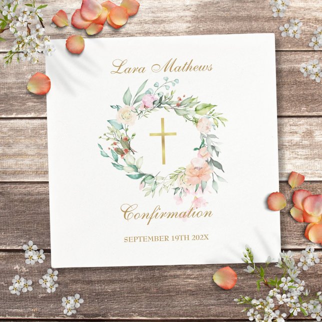 Serviette En Papier Confirmation Gold Cross Floral Garland (Confirmation Gold Cross Floral Garland Napkins)