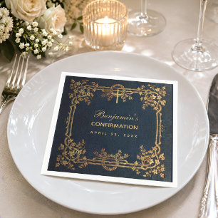 Serviette En Papier Confirmation Marine Blue Gold Vines Vintage Élégan