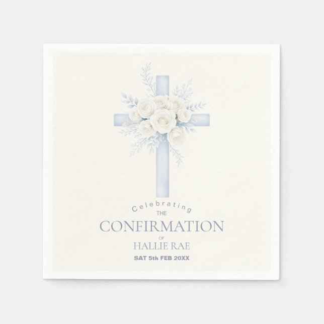 Serviette En Papier Confirmation pour elle, Croix florale bleue modern (Devant)