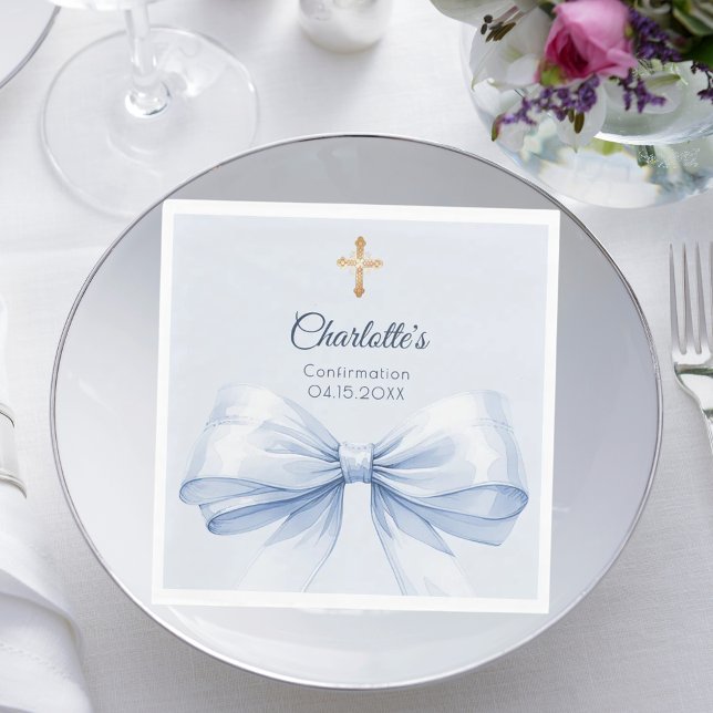 Serviette En Papier Confirmation ruban bleu clair croix fille déjeuner (Créateur téléchargé)