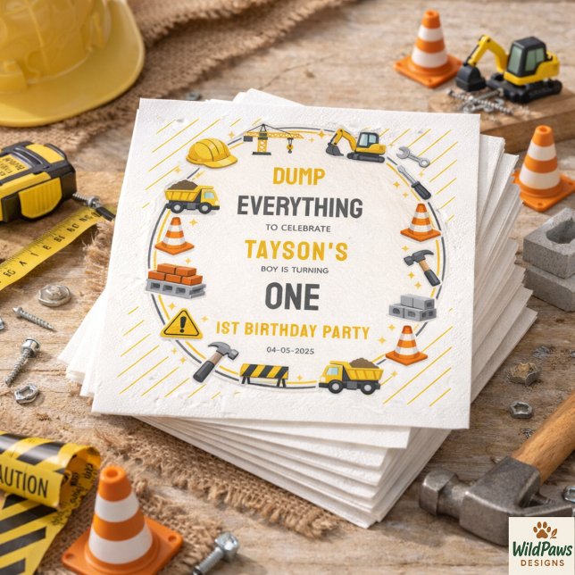 Serviette En Papier Construction 1er Anniversaire | Fête de camion de  (Construction 1ST Birthday | Builder Truck Party Napkins
)