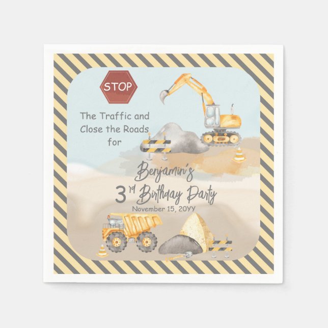 Serviette En Papier Construction Dump Truck Boy 3e fête d'anniversaire (Devant)