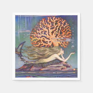 Serviette En Papier Conte de fée vintage, petite sirène dans le cora