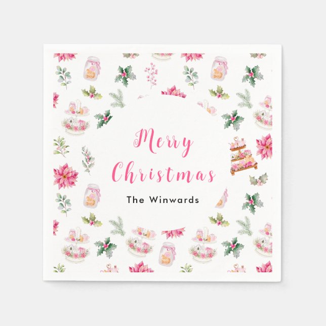 Serviette En Papier Cookies de Noël et feuillage rose (Devant)