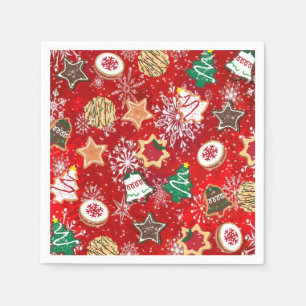 Serviette En Papier Cookies de Noël et flocons de neige sur fond rouge