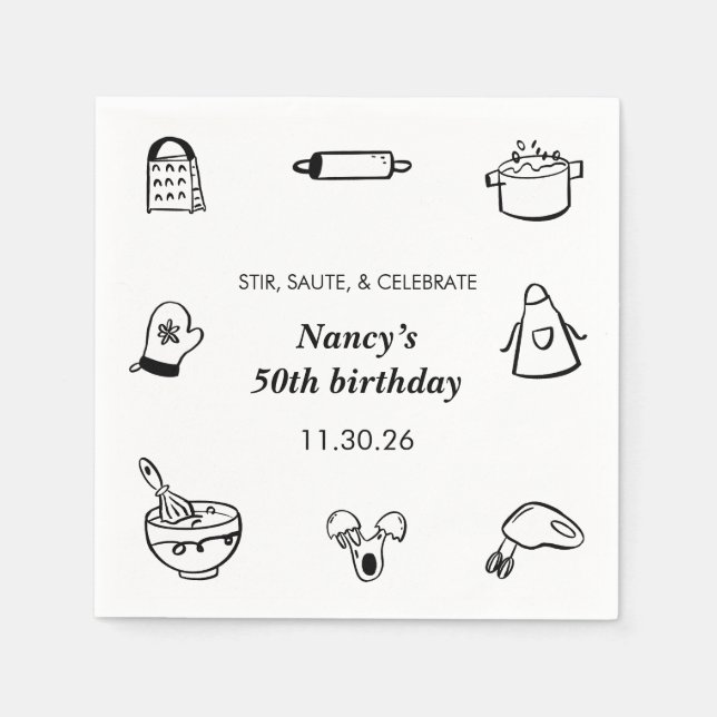 Serviette En Papier Cooking Birthday Party Hand Drawn Chef Minimalist  (Devant)