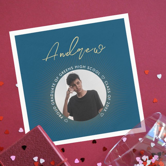 Serviette En Papier Cool Simple Bleu Or Moderne Typographie Grad Photo (Créateur téléchargé)