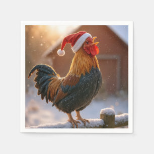 Serviette En Papier Coq de Noël qui chante portant un chapeau de Père