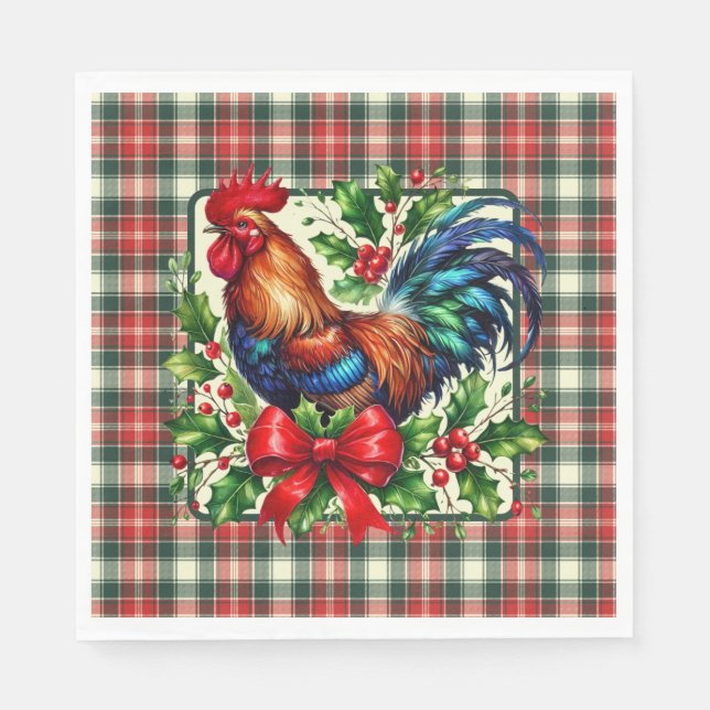 Serviette En Papier Coq de Noël Rouge Vert  (Devant)