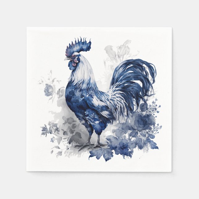 Serviette En Papier Coq de style Delft bleu et blanc avec fleurs (Devant)
