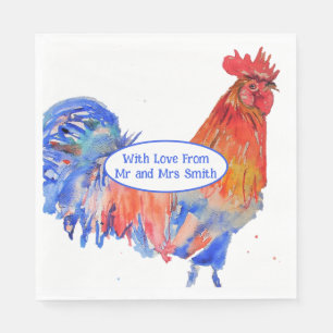 Serviette En Papier Coq Rouge Poulet Bleu Aquarelle Mariage