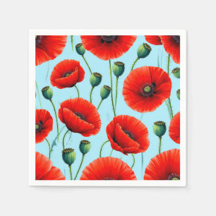 Serviette En Papier Coquelicots rouges vibrants sur un fond bleu clair