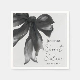 Serviette En Papier Coquette à ruban noir Script Sweet 16 Fête Gris