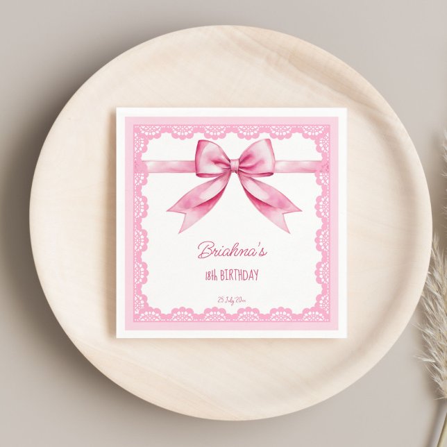 Serviette En Papier Coquette arc rose fête d'anniversaire imprimé (Pink bow coquette birthday party printed napkins template personalized birthday napkins vintage lace)