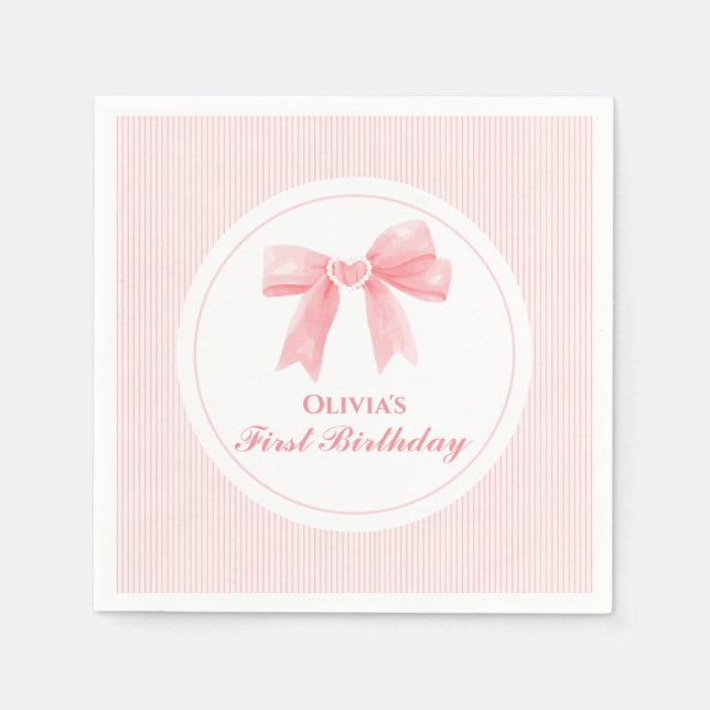 Serviette En Papier Coquette Bow rose et rayures 1er anniversaire (Devant)