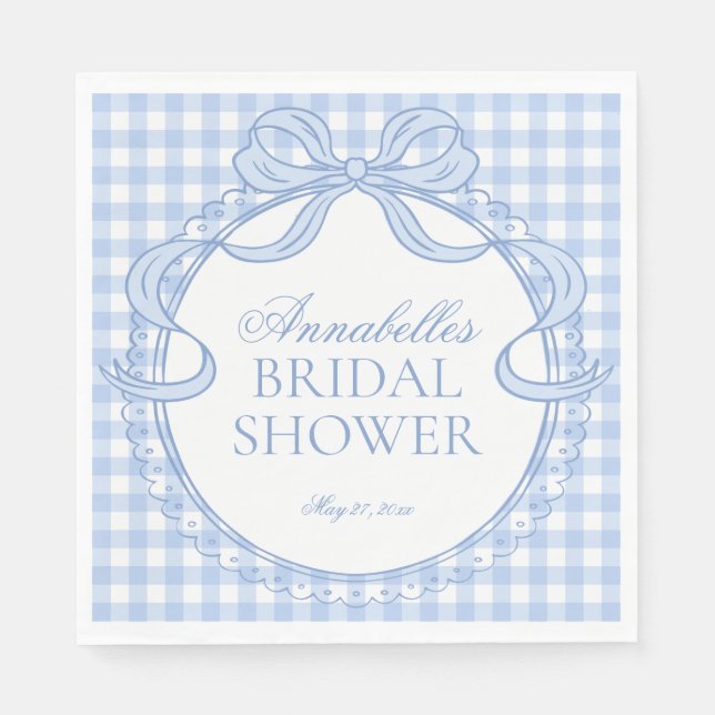 Serviette En Papier Coquette en Gingham Bleu avec Nœud pour Dessert de (Devant)