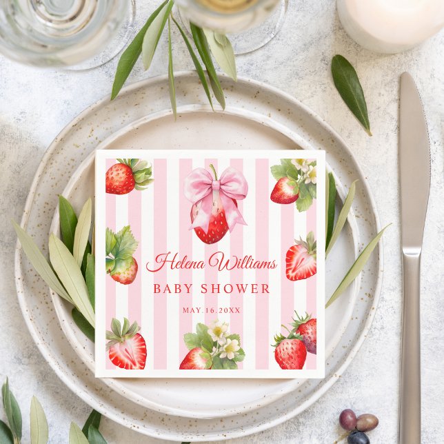 Serviette En Papier Coquette Strawberries Baby Shower Decor  (Watercolor Strawberry Baby shower Pink Gingham Napkin)