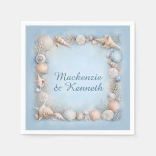 Serviette En Papier Coquillages Anciens Bordure Corail Bleu Beige