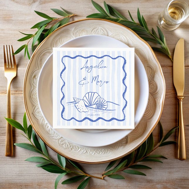 Serviette En Papier Coquillages bleu ondulé bordé mariage plage (Sketch handrawn Seashells blue wavy border beach wedding monogrammed napkins template)