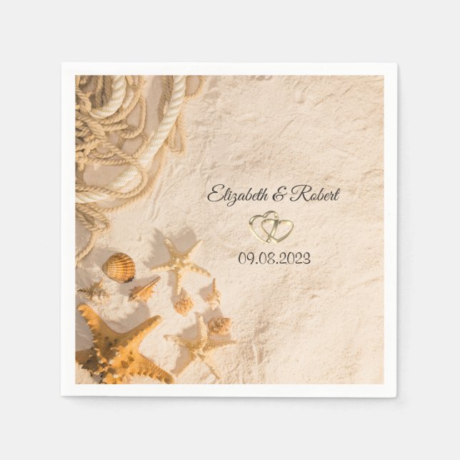 Serviette En Papier Coquillages Corde Sable  Mariage (Devant)