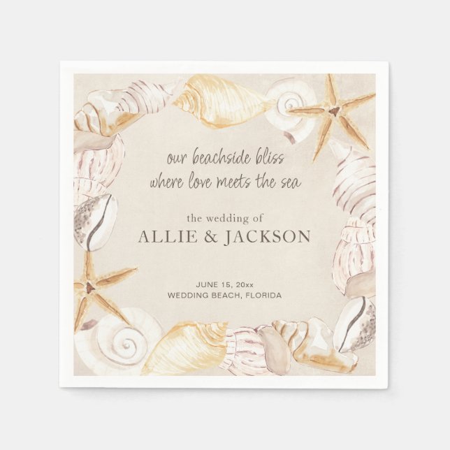Serviette En Papier Coquillages de plage Sable Amour Mer Mariage (Devant)