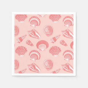 Serviette En Papier Coquillages - rose de corail et blanc