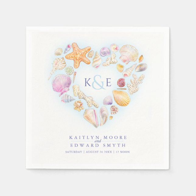 Serviette En Papier Coquilles de mer aquarelle coeur plage bleu (Devant)