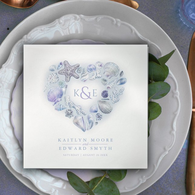 Serviette En Papier Coquilles de mer aquarelle coeur plage bleu (Créateur téléchargé)