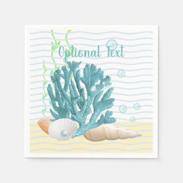 Serviette En Papier Corail bleu, coquillages et perle bleue (Devant)