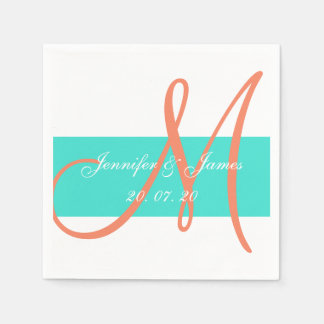 Serviette En Papier Corail et Turquoise Papier Mariage moderne serviet