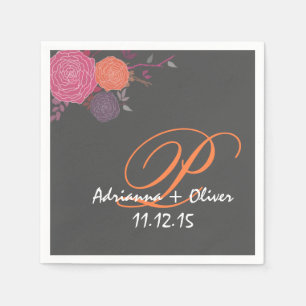 Serviette En Papier Corail rose Fleurs mauves Mariage Monogramme Gris
