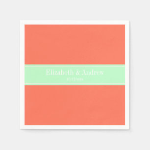 Serviette En Papier Corail Uni, Ruban Menthe Monogramme du Nom