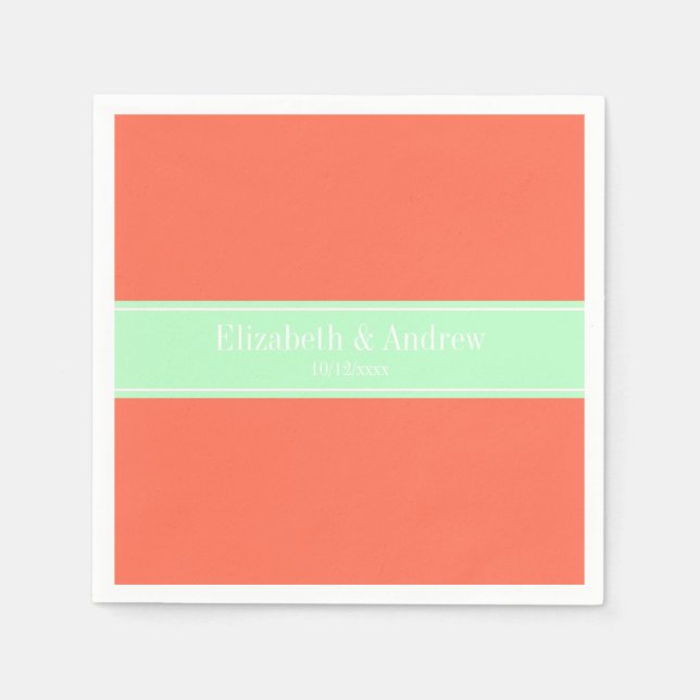 Serviette En Papier Corail Uni, Ruban Menthe Monogramme du Nom (Devant)