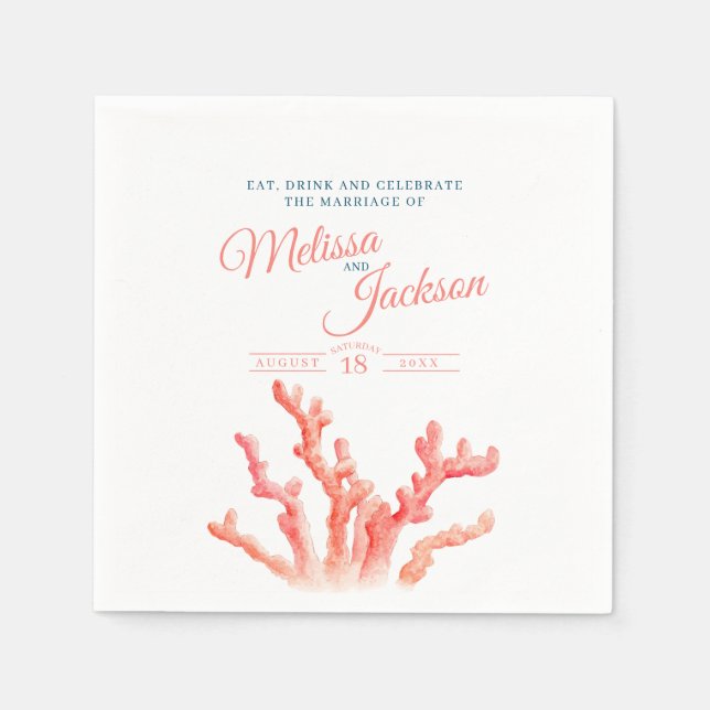 Serviette En Papier Corail vivant orange bleu aquarelle mariage person (Devant)