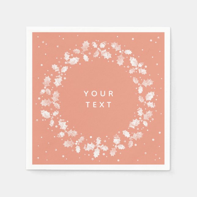 Serviette En Papier Coral imprimé main Holly Wreath papier de Noël (Devant)