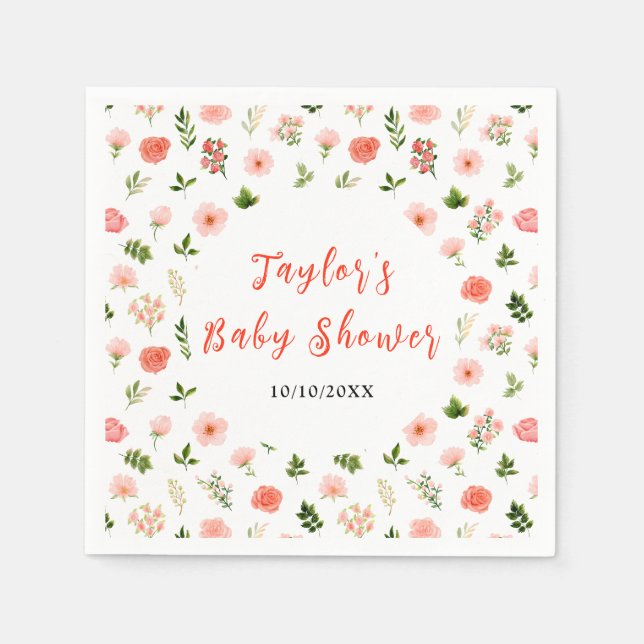 Serviette En Papier Coral Pink Red Roses Floral Baby Shower (Devant)