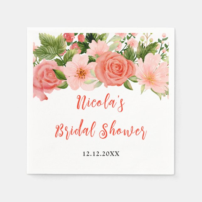 Serviette En Papier Coral Pink Red Roses Floral Bridal Shower (Devant)