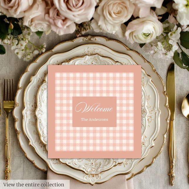 Serviette En Papier Coral Plaid Napkins Personalized Elegant Accent (Coral Plaid Napkins Personalized Elegant Accent)