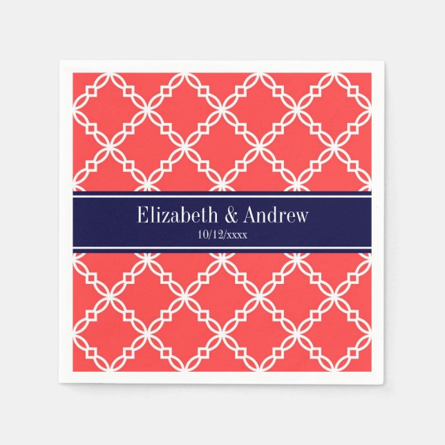 Serviette En Papier Coral Red Fancy Quatrefoil Navy (Devant)