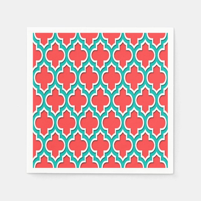 Serviette En Papier Coral Red Teal White Moroccan (Devant)