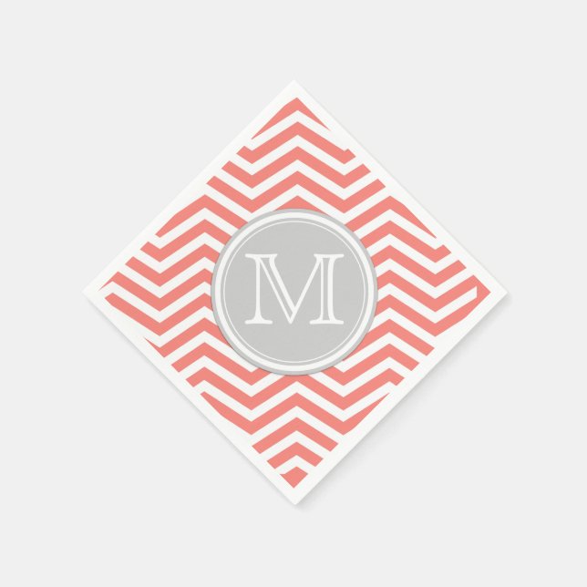 Serviette En Papier Coral rose et blanc Chevron avec Monogramme (Coin)