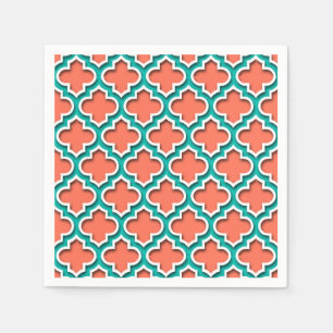 Serviette En Papier Coral Teal White Moroccan Quatrefoil #5DS