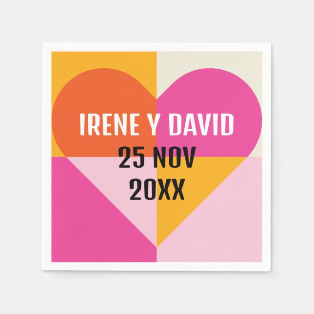 Serviette En Papier Corazón Geométrico Cuadrícula Naranja y Rosa (Devant)