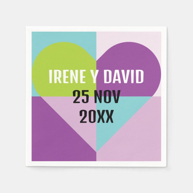 Serviette En Papier Corazón Geométrico Cuadrícula Turquesa y Violeta (Devant)