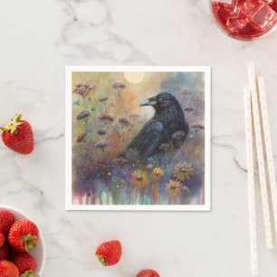 Serviette En Papier Corbeau peint à la main avec Fleurs sauvages
