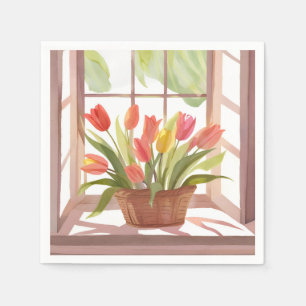 Serviette En Papier Corbeille de tulipes Peinture de fenêtre à l'aqu