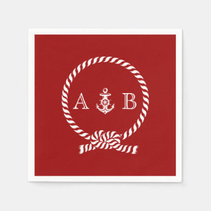 Serviette En Papier Corde marine rouge et Ancre Monogrammé